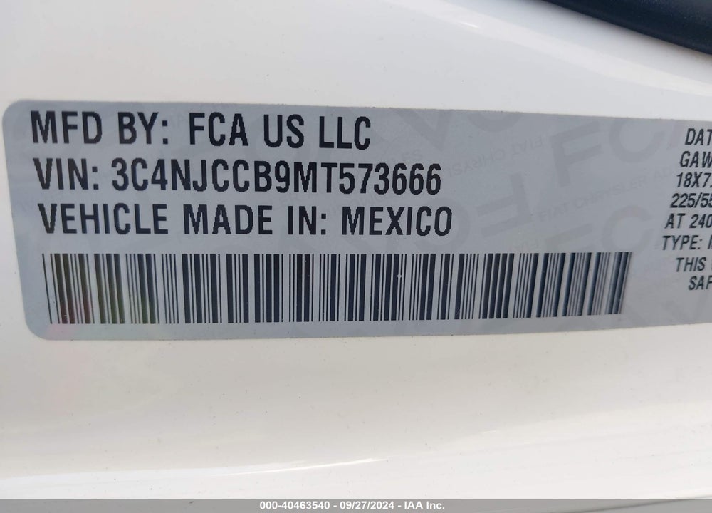 2021 JEEP COMPASS LIMITED FWD VIN: 3C4NJCCB9MT573666