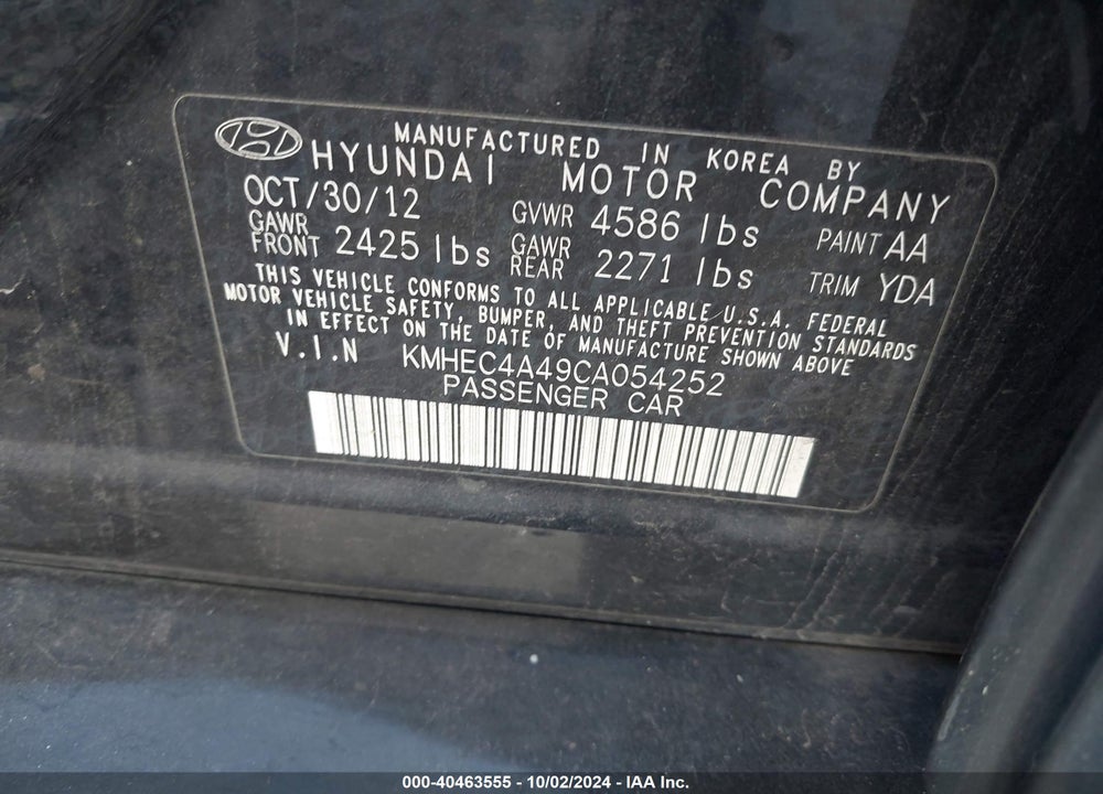 2012 HYUNDAI SONATA HYBRID VIN: KMHEC4A49CA054252