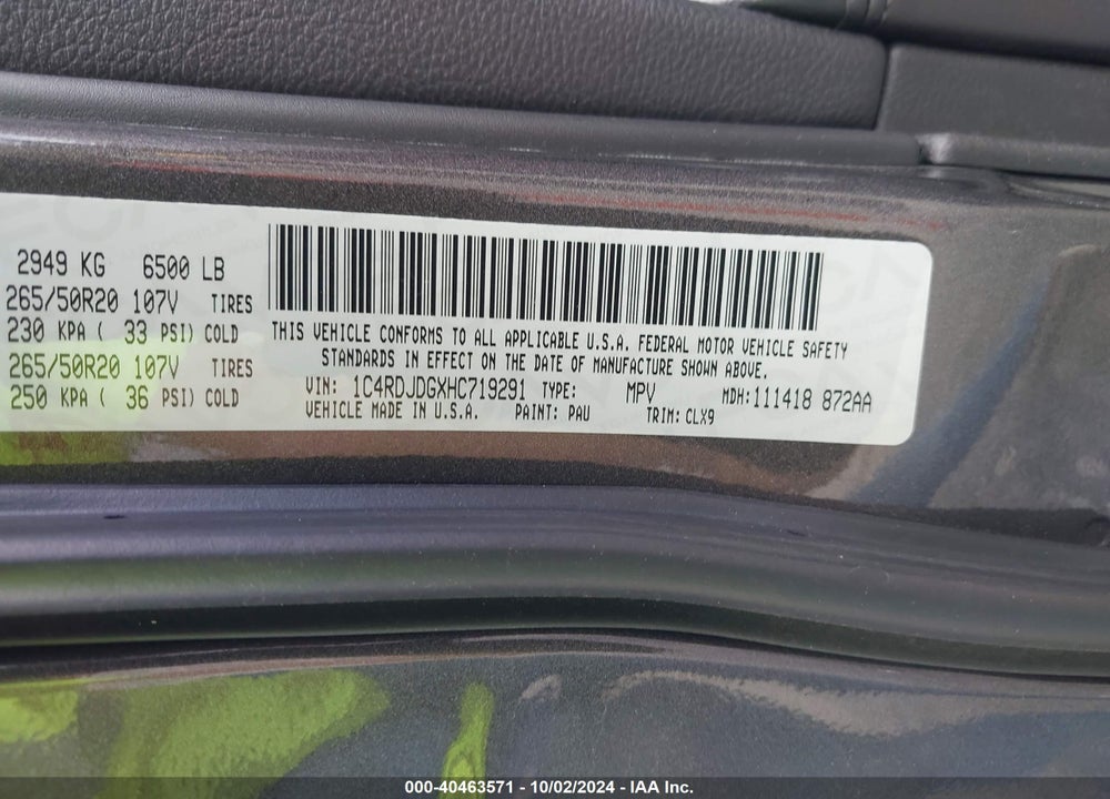 2017 DODGE DURANGO GT AWD VIN: 1C4RDJDGXHC719291