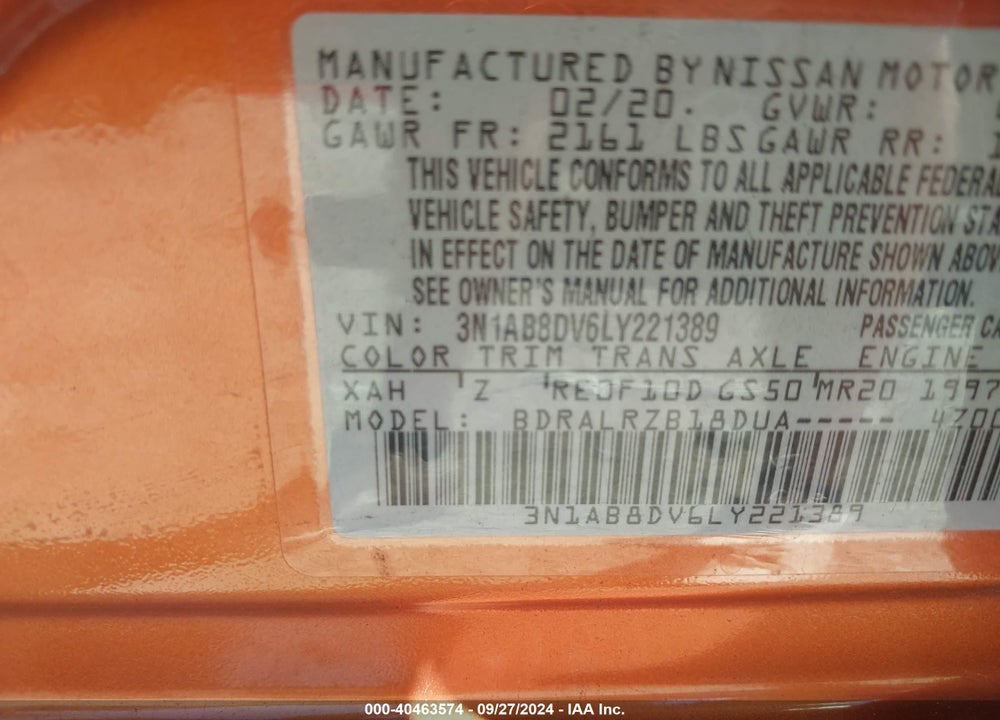 2020 NISSAN SENTRA SR XTRONIC CVT VIN: 3N1AB8DV6LY221389