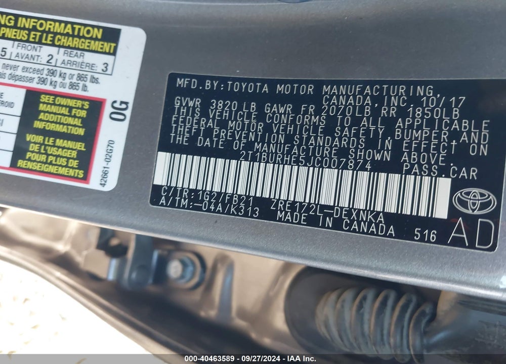 2018 TOYOTA COROLLA VIN: 2T1BURHE5JC007874