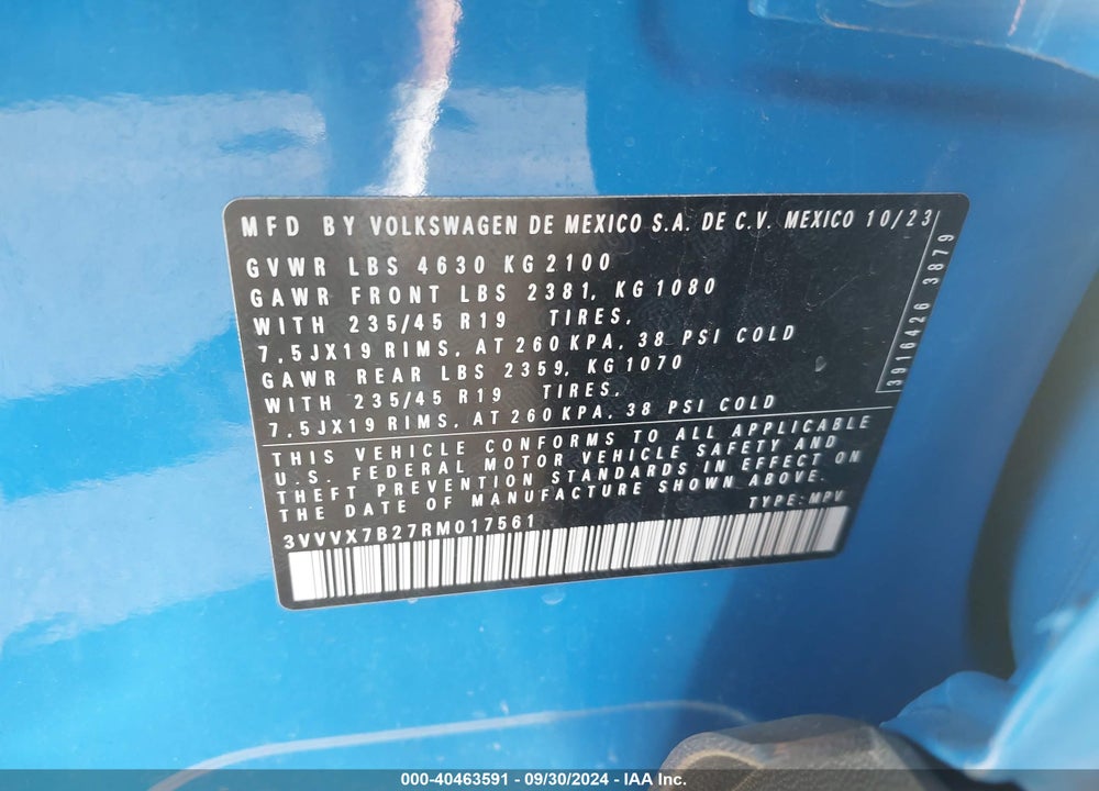 2024 VOLKSWAGEN TAOS 1.5T SE VIN: 3VVVX7B27RM017561