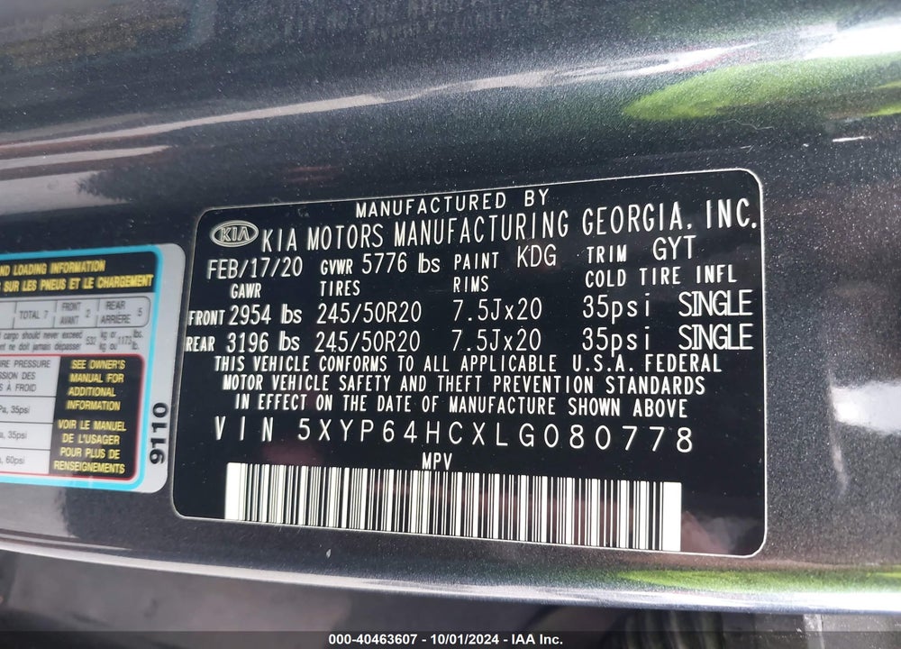 2020 KIA TELLURIDE S VIN: 5XYP64HCXLG080778