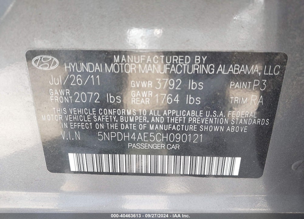 2012 HYUNDAI ELANTRA GLS VIN: 5NPDH4AE5CH090121