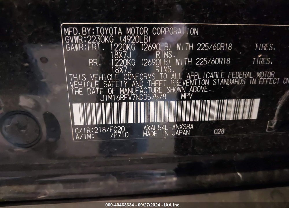 2022 TOYOTA RAV4 HYBRID SE VIN: JTM16RFV7ND057578