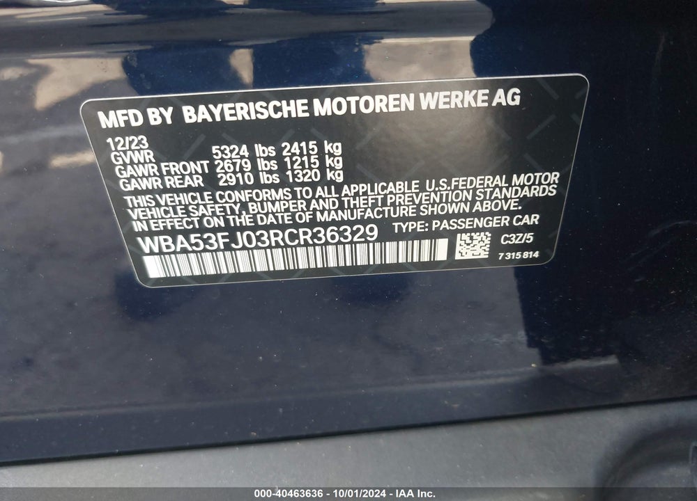 2024 BMW 530 I XDRIVE VIN: WBA53FJ03RCR36329