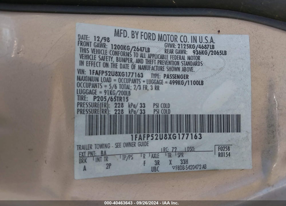 1999 FORD TAURUS LX VIN: 1FAFP52U8XG177163