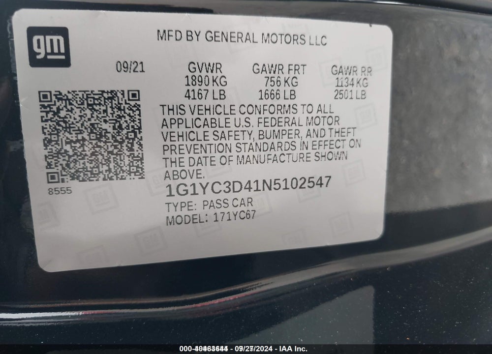 2022 CHEVROLET CORVETTE STINGRAY RWD 3LT VIN: 1G1YC3D41N5102547