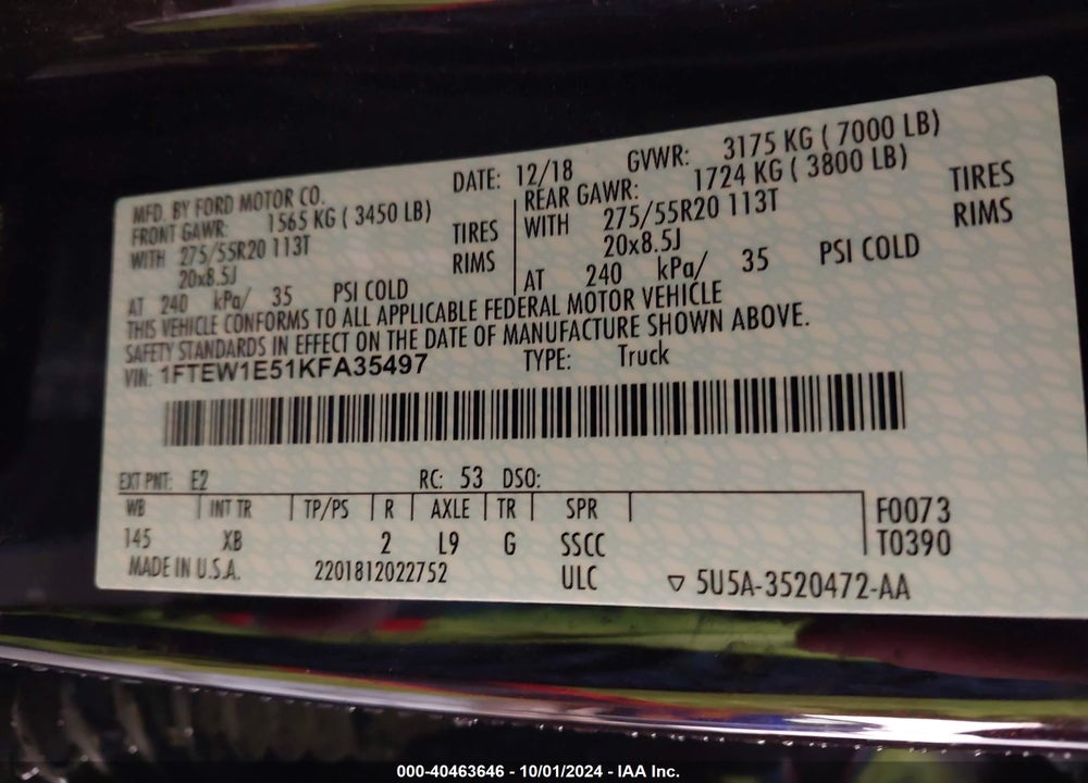 2019 FORD F150 SUPERCREW VIN: 1FTEW1E51KFA35497