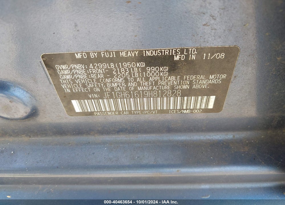 2009 SUBARU IMPREZA 2.5I VIN: JF1GH61619H812828