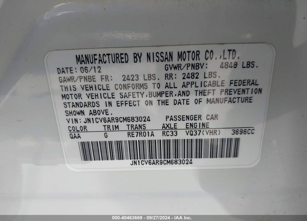 2012 INFINITI G37X VIN: JN1CV6AR9CM683024