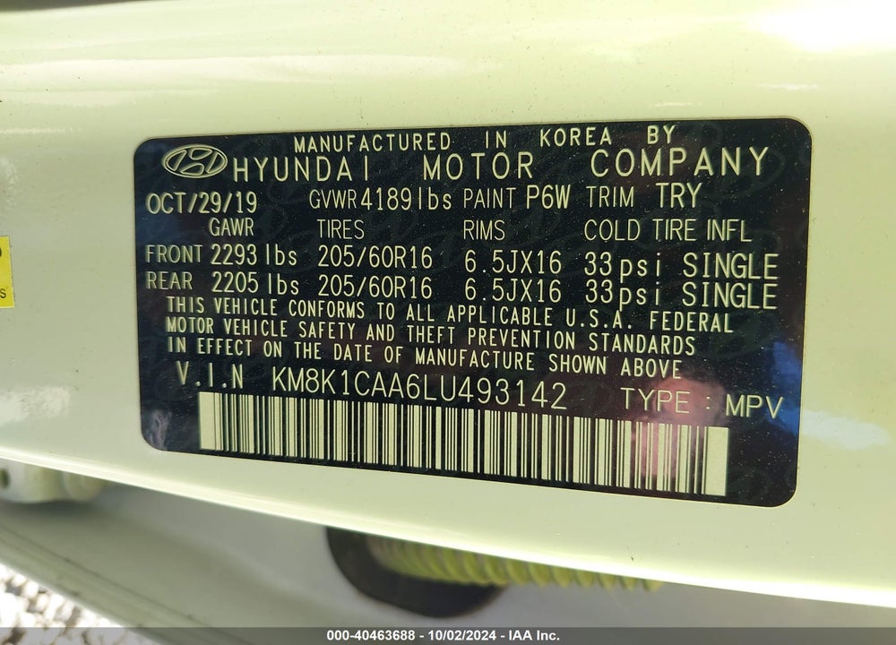 2020 HYUNDAI KONA VIN: KM8K1CAA6LU493142