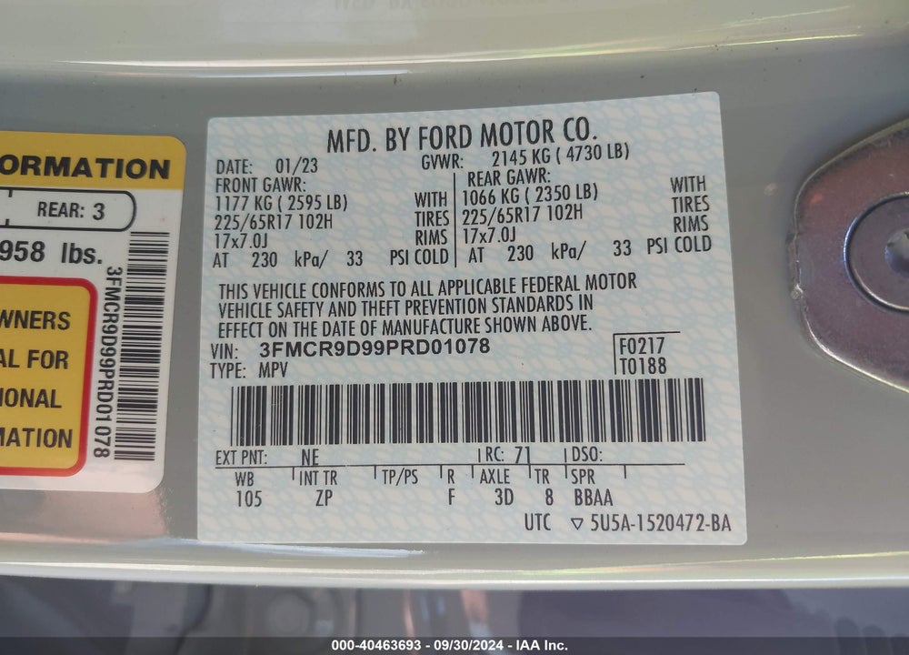 2023 FORD BRONCO SPORT BADLANDS VIN: 3FMCR9D99PRD01078
