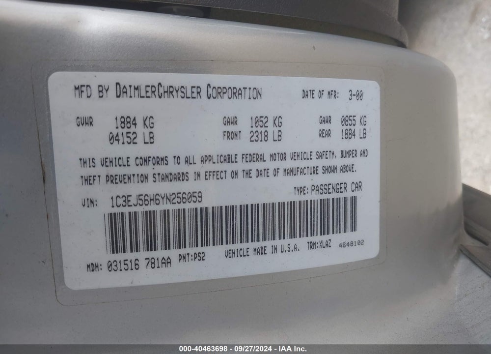 2000 CHRYSLER CIRRUS LXI VIN: 1C3EJ56H6YN256059