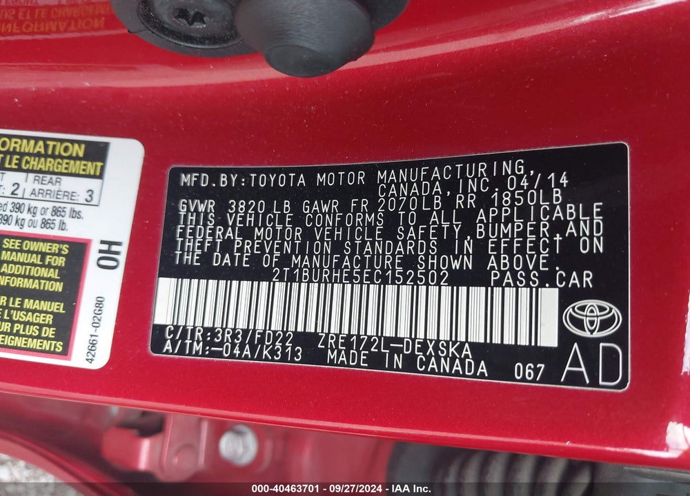 2014 TOYOTA COROLLA S PLUS VIN: 2T1BURHE5EC152502