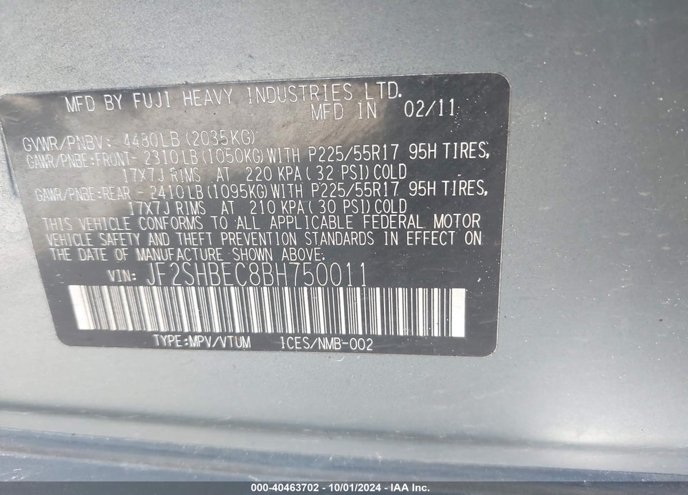 2011 SUBARU FORESTER 2.5X LIMITED VIN: JF2SHBEC8BH750011