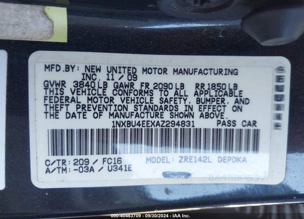 2010 TOYOTA COROLLA LE VIN: 1NXBU4EEXAZ294831