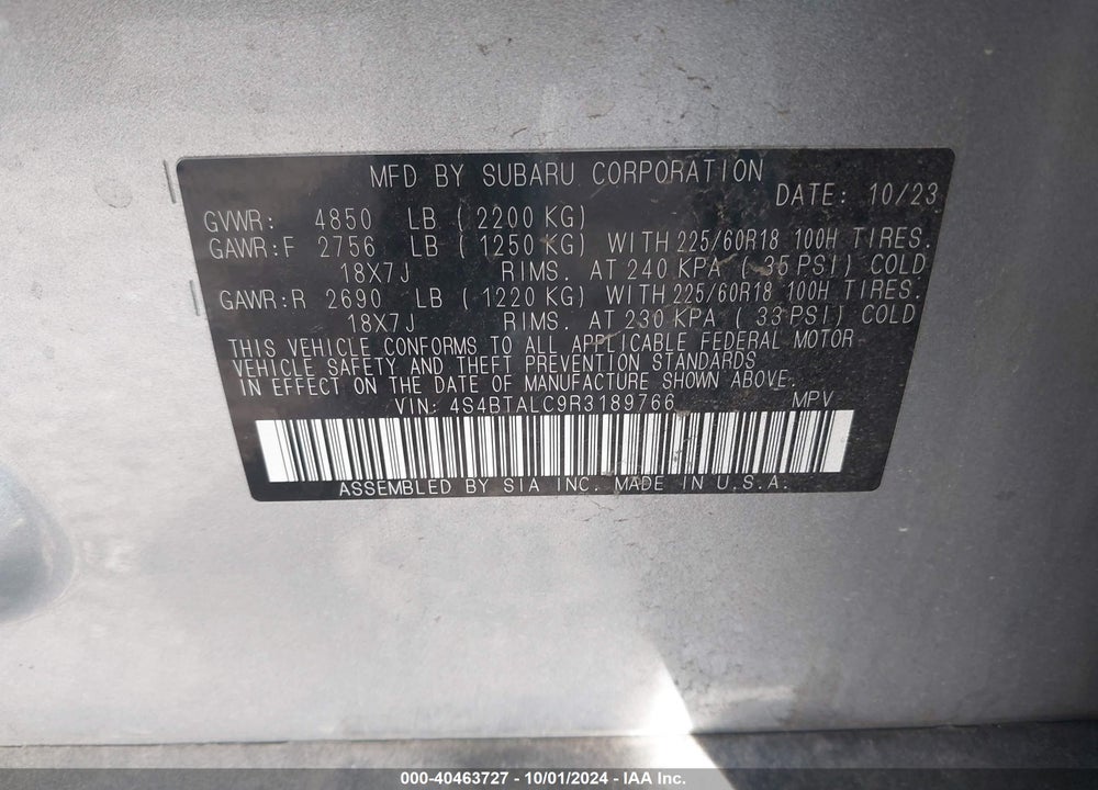 2024 SUBARU OUTBACK ONYX EDITION VIN: 4S4BTALC9R3189766