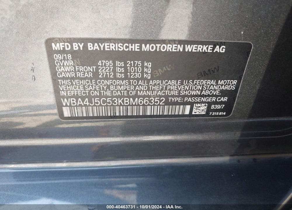 2019 BMW 440I GRAN COUPE VIN: WBA4J5C53KBM66352