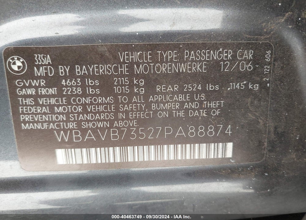 2007 BMW 335I VIN: WBAVB73527PA88874
