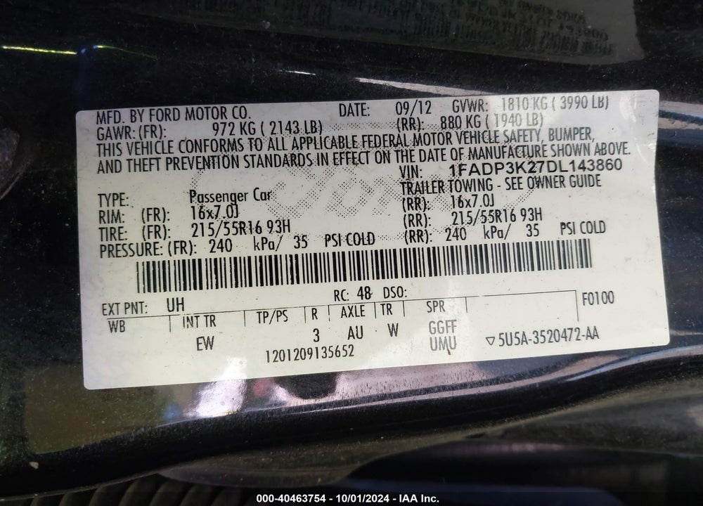 2013 FORD FOCUS SE VIN: 1FADP3K27DL143860
