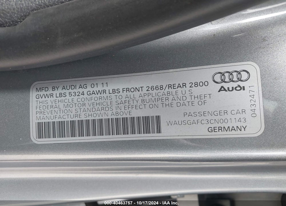 2012 AUDI A7 PREMIUM VIN: WAUSGAFC3CN001143