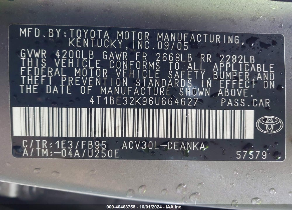 2006 TOYOTA CAMRY LE VIN: 4T1BE32K96U664627