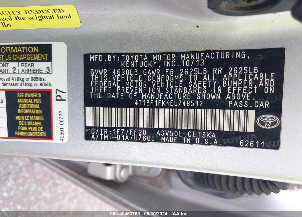 2014 TOYOTA CAMRY SE VIN: 4T1BF1FK4EU748512