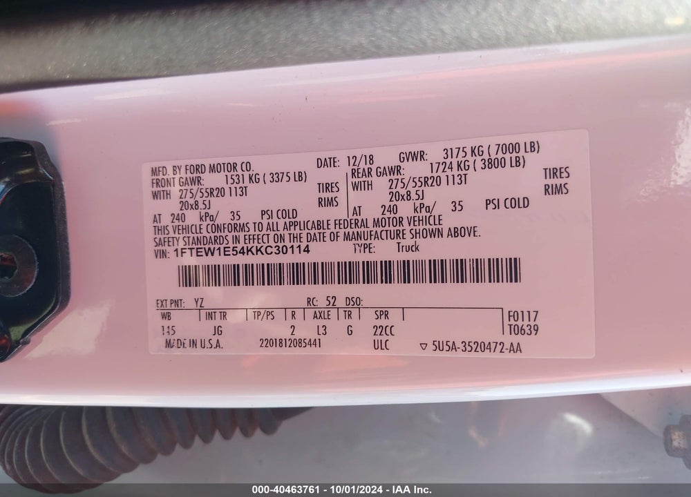 2019 FORD F150 SUPERCREW VIN: 1FTEW1E54KKC30114