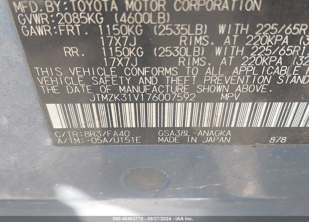 2007 TOYOTA RAV4 LIMITED V6 VIN: JTMZK31V176007592