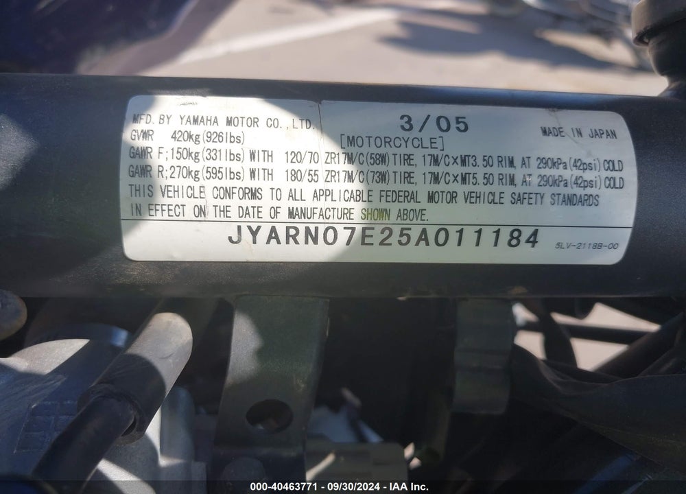 2005 YAMAHA FZS10 VIN: JYARN07E25A011184