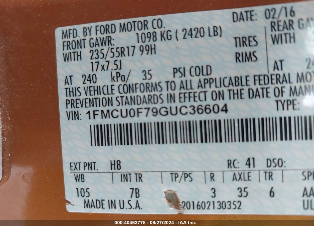 2016 FORD ESCAPE S VIN: 1FMCU0F79GUC36604