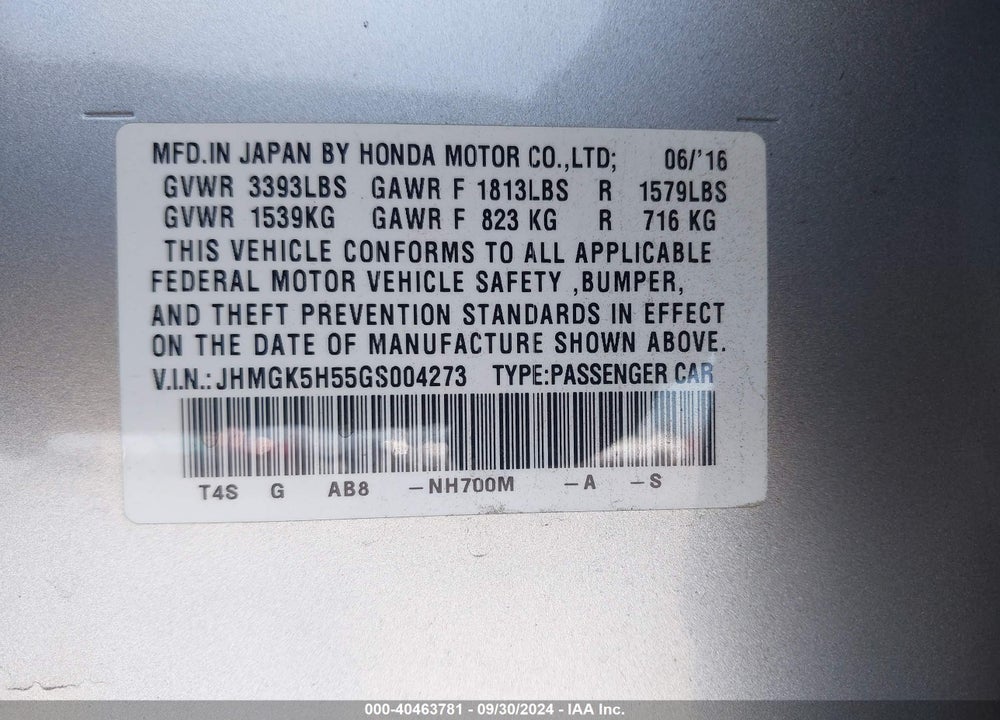 2016 HONDA FIT LX VIN: JHMGK5H55GS004273