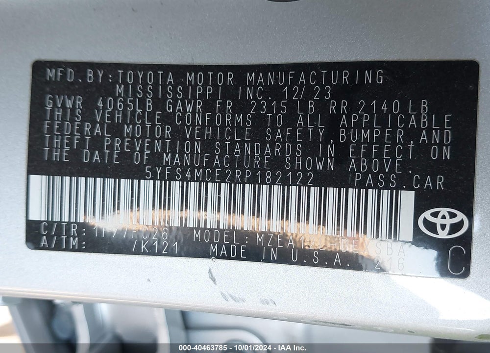 2024 TOYOTA COROLLA SE VIN: 5YFS4MCE2RP182122