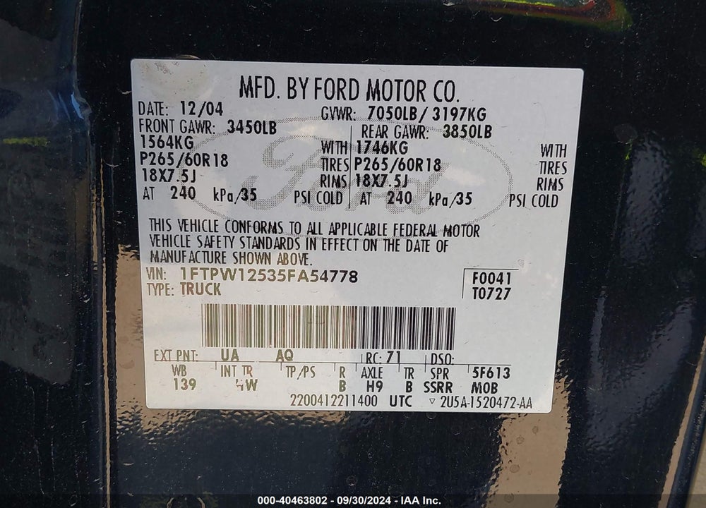 2005 FORD F-150 LARIAT/XLT VIN: 1FTPW12535FA54778