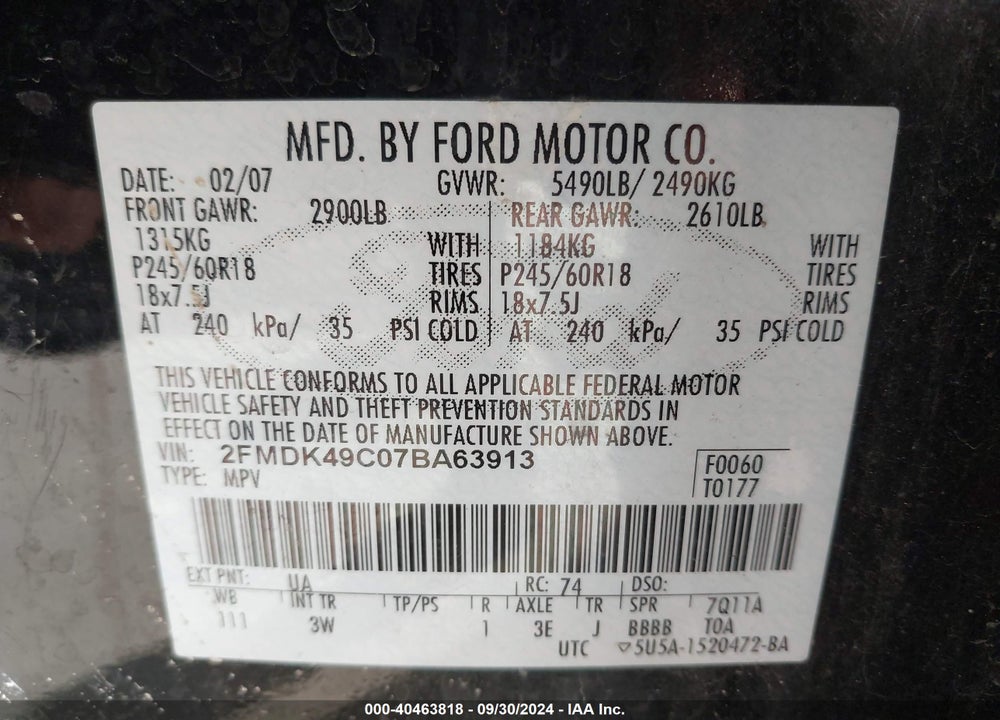 2007 FORD EDGE SEL PLUS VIN: 2FMDK49C07BA63913