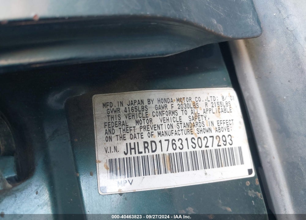2001 HONDA CR-V EX VIN: JHLRD17631S027293