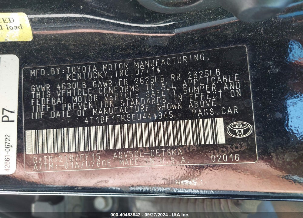 2014 TOYOTA CAMRY SE VIN: 4T1BF1FK5EU444945