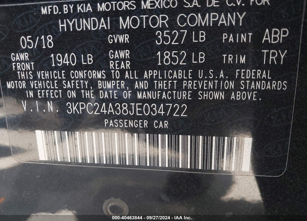 2018 HYUNDAI ACCENT SEL VIN: 3KPC24A38JE034722