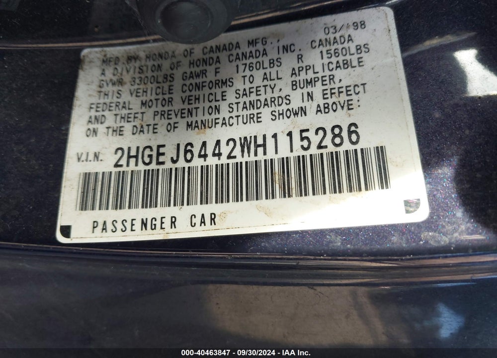 1998 HONDA CIVIC DX VIN: 2HGEJ6442WH115286