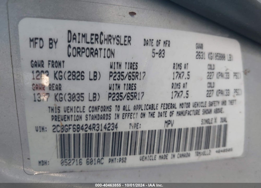 2004 CHRYSLER PACIFICA VIN: 2C8GF68424R314234