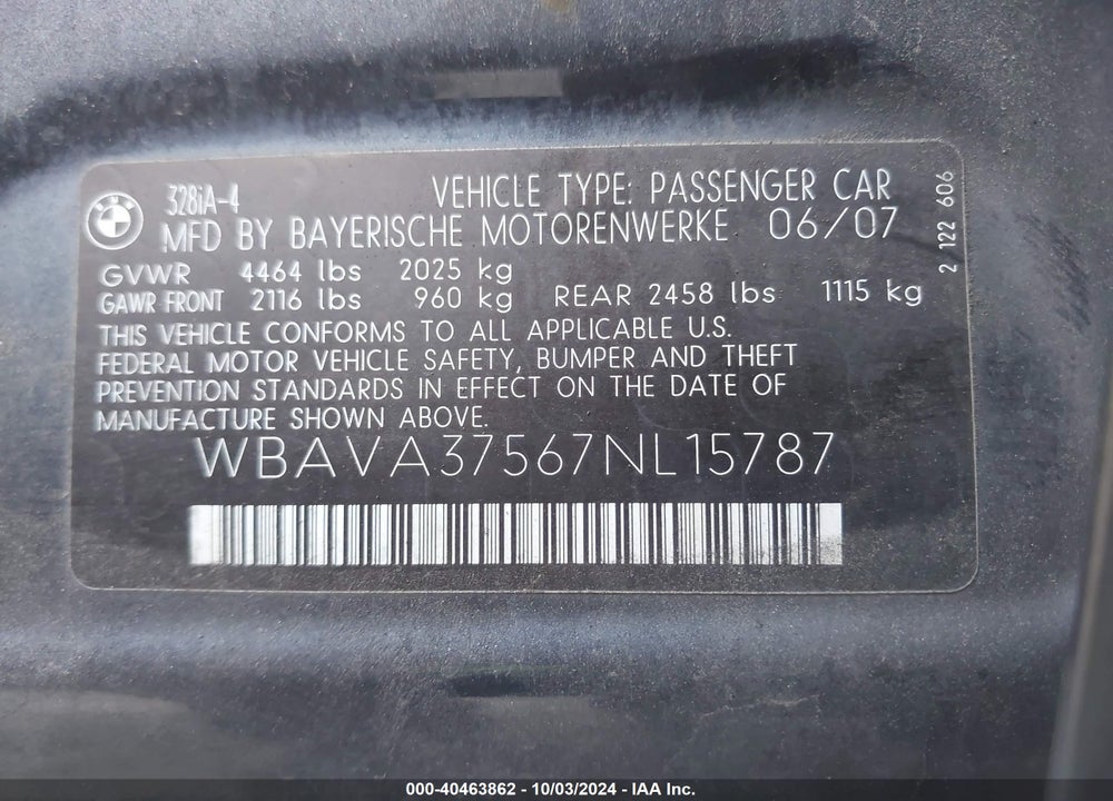 2007 BMW 328I VIN: WBAVA37567NL15787