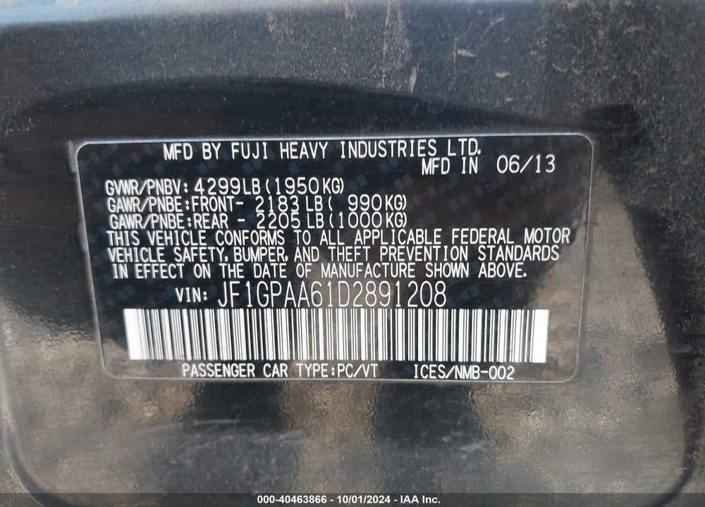 2013 SUBARU IMPREZA 2.0I VIN: JF1GPAA61D2891208