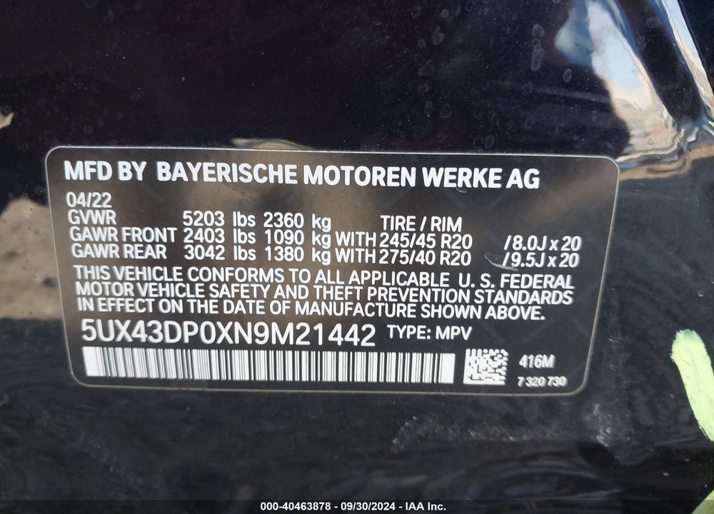 2022 BMW X3 SDRIVE30I VIN: 5UX43DP0XN9M21442