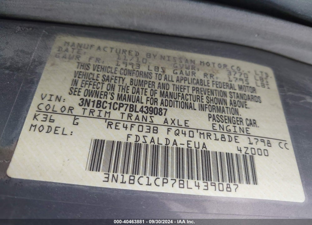 2011 NISSAN VERSA 1.8S VIN: 3N1BC1CP7BL439087