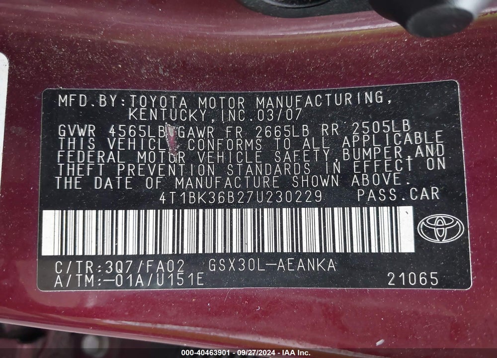 2007 TOYOTA AVALON XL VIN: 4T1BK36B27U230229
