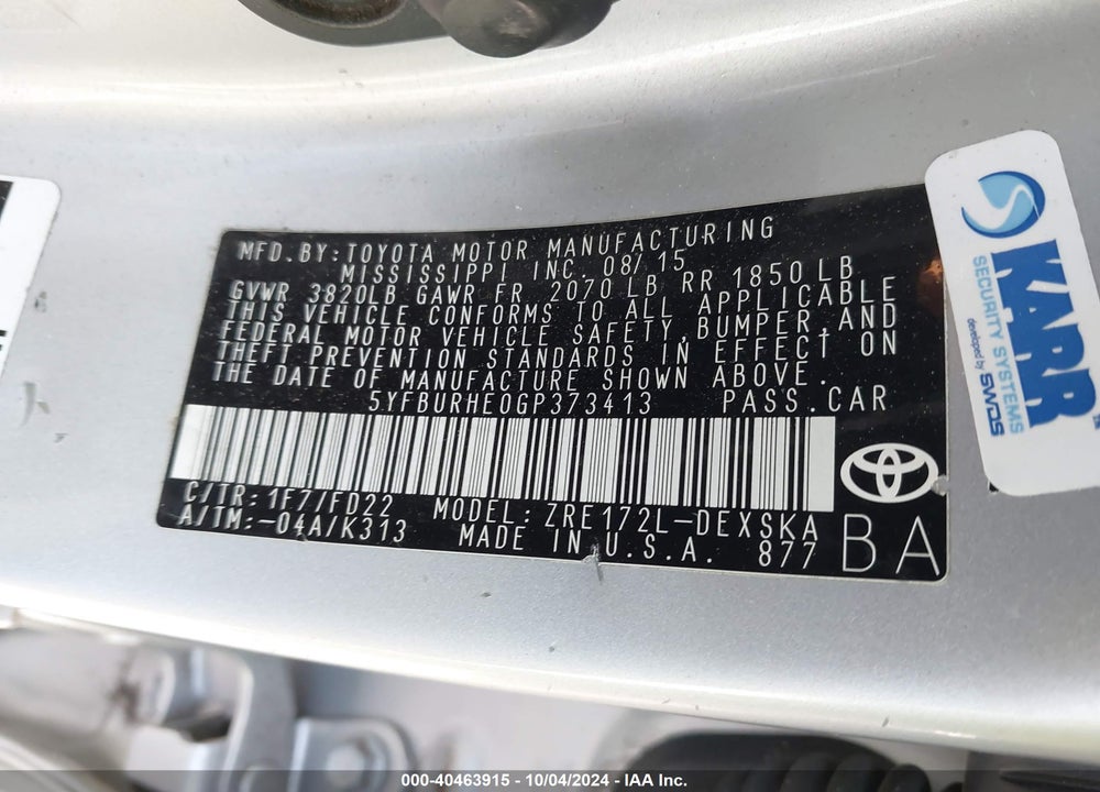 2016 TOYOTA COROLLA S PLUS VIN: 5YFBURHE0GP373413