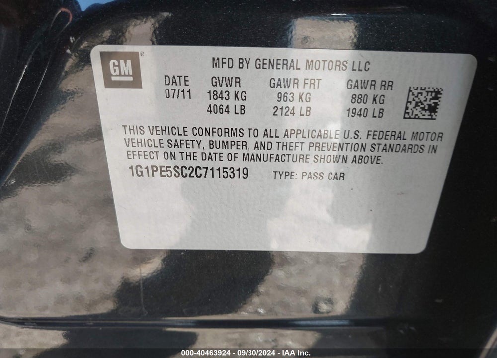 2012 CHEVROLET CRUZE LT VIN: 1G1PE5SC2C7115319