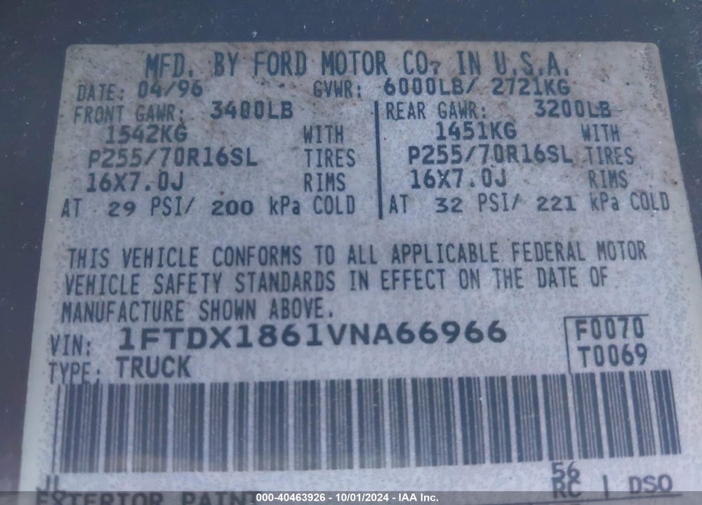 1997 FORD F-150 LARIAT/XL/XLT VIN: 1FTDX1861VNA66966