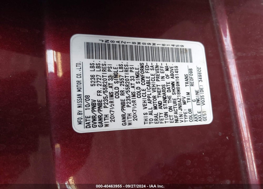 2009 NISSAN MURANO LE VIN: JN8AZ18W89W161459